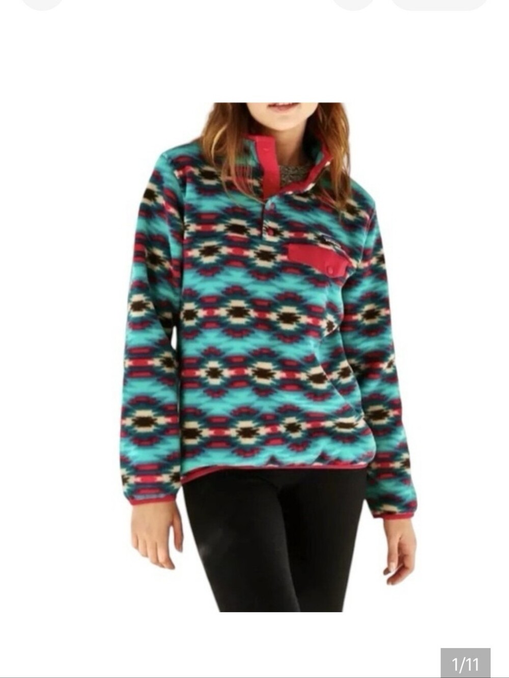 Patagonia Synchilla Teal Aztec Print Fleece Pullover with Coral Accents Size S